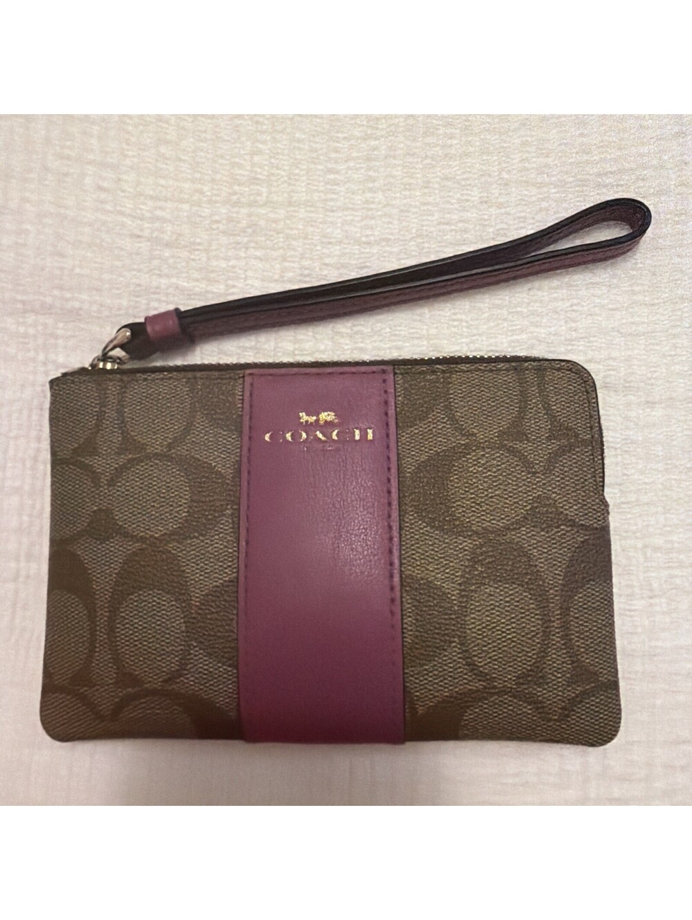 Coach Signature Logo Zip Wristlet Wallet, Beige/Purple, Women’s Credit Card